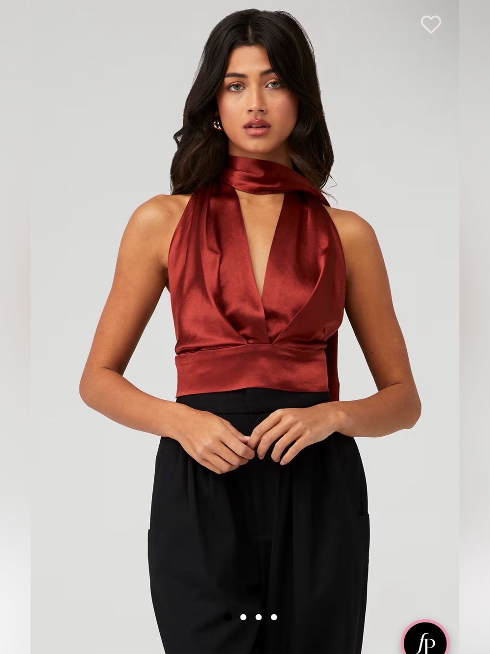 Nonchalant Label x FASHIONPASS TARA Satin Halter Crop Top in Deep Rust NEW XL